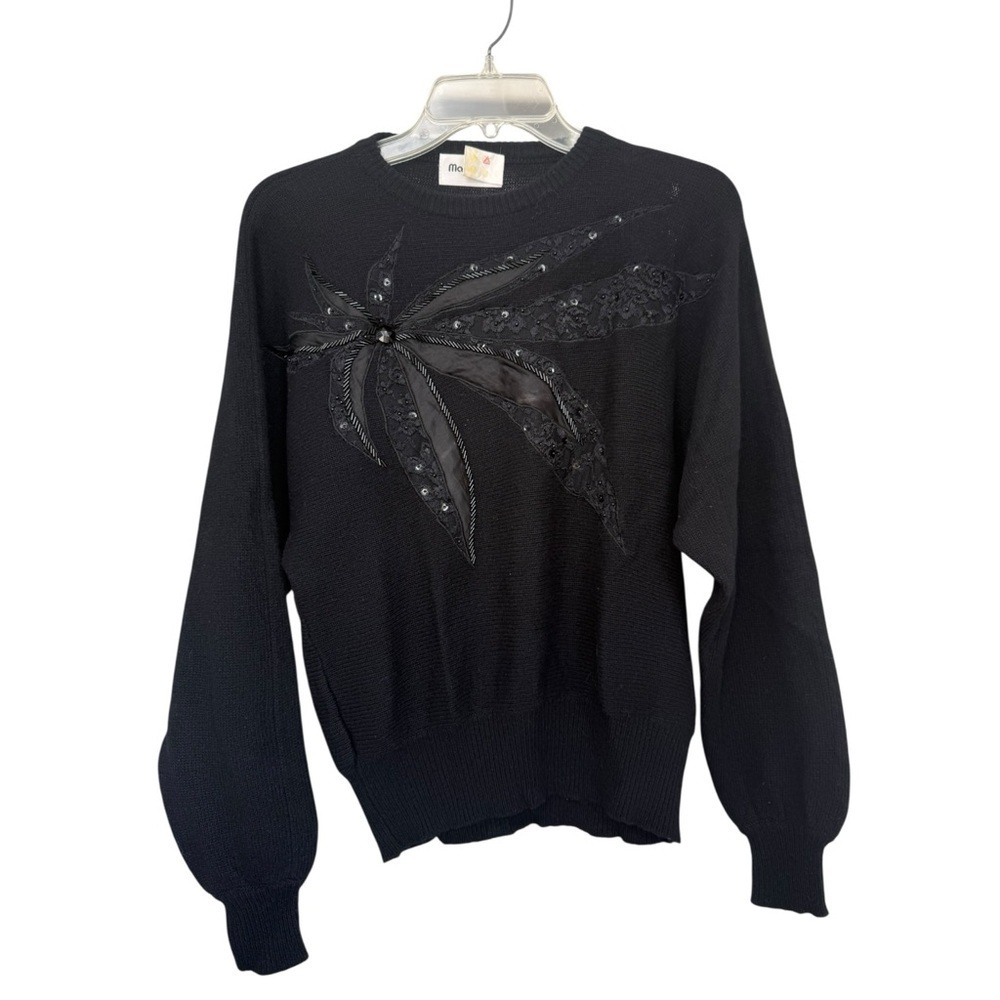 Vintage 80s Beaded Lace Embellished Lambswool Angora Sweater Small Black